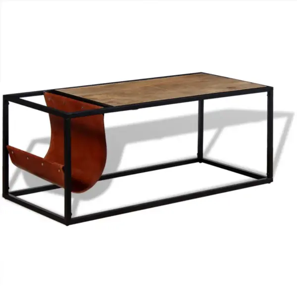 Tööstuslik mangopuidust kohvilaud kitsenahast ajakirjahoidjaga, pulbervärvitud terasraamiga, 110 x 50 x 45 cm – 4