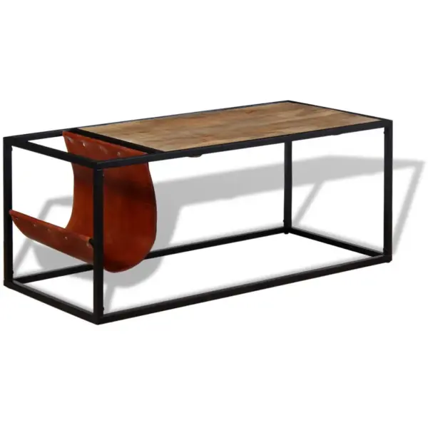 Tööstuslik mangopuidust kohvilaud kitsenahast ajakirjahoidjaga, pulbervärvitud terasraamiga, 110 x 50 x 45 cm – 5