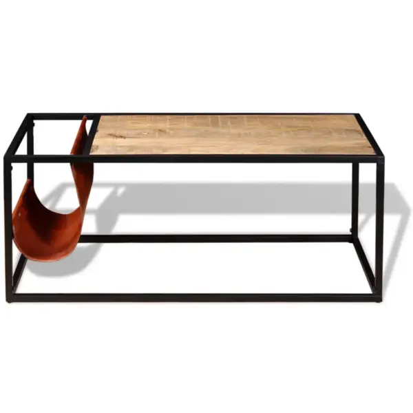 Tööstuslik mangopuidust kohvilaud kitsenahast ajakirjahoidjaga, pulbervärvitud terasraamiga, 110 x 50 x 45 cm – 6