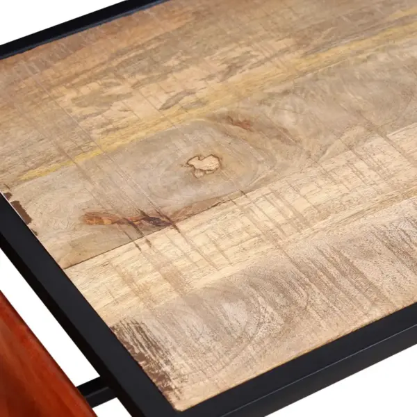 Tööstuslik mangopuidust kohvilaud kitsenahast ajakirjahoidjaga, pulbervärvitud terasraamiga, 110 x 50 x 45 cm – 7