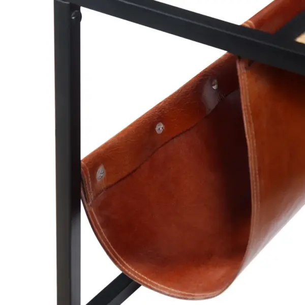 Tööstuslik mangopuidust kohvilaud kitsenahast ajakirjahoidjaga, pulbervärvitud terasraamiga, 110 x 50 x 45 cm – 8