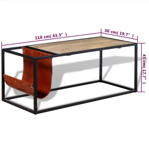 Tööstuslik mangopuidust kohvilaud kitsenahast ajakirjahoidjaga, pulbervärvitud terasraamiga, 110 x 50 x 45 cm – 9