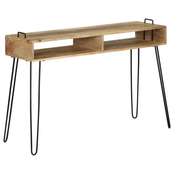 Tööstusliku stiiliga mangopuidust konsoollaud terasraamiga, 115 x 35 x 76 cm – 11