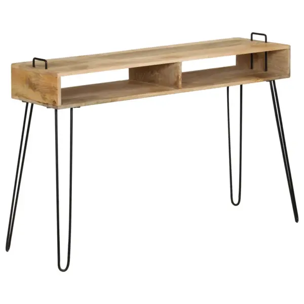 Tööstusliku stiiliga mangopuidust konsoollaud terasraamiga, 115 x 35 x 76 cm – 10