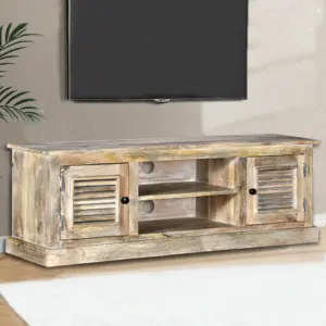 Maalähedane mangopuidust telerikapp kahe kapiga, lubjatud, 120 x 30 x 40 cm
