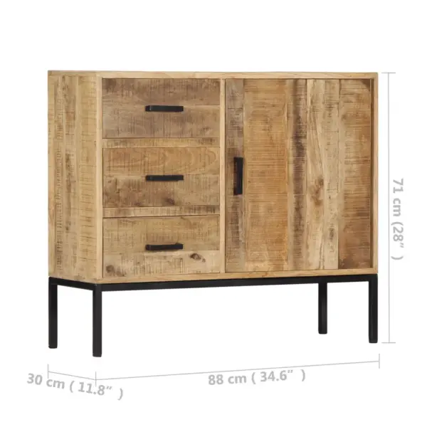 Mangopuidust puhvetkapp 3 sahtli ja uksega, must metallraam, 88 x 30 x 71 cm – 11