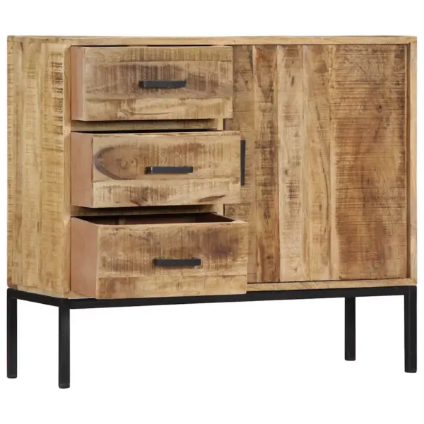 Mangopuidust puhvetkapp 3 sahtli ja uksega, must metallraam, 88 x 30 x 71 cm – 5