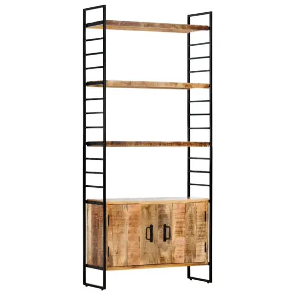 Industriaalne mangopuidust raamaturiiul, 3 riiuli ja 2 uksega, 80 x 30 x 180 cm – 12