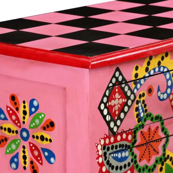 Käsitsi maalitud mangopuidust konsoollaud, roosa mitmevärviliste detailidega, 4 sahtliga, 90 x 30 x 76 cm - 6
