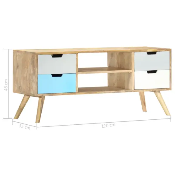 Mangopuidust telerialus, pruun ja mitmevärviline, 4 sahtli ja 2 avatud sektsiooniga, 110 x 35 x 48 cm – 6