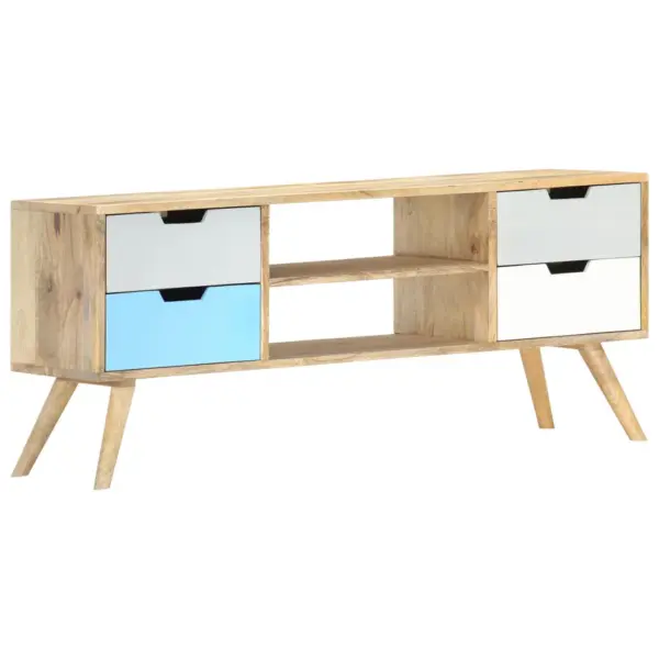 Mangopuidust telerialus, pruun ja mitmevärviline, 4 sahtli ja 2 avatud sektsiooniga, 110 x 35 x 48 cm – 7