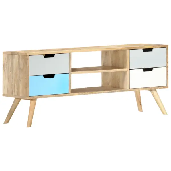 Mangopuidust telerialus, pruun ja mitmevärviline, 4 sahtli ja 2 avatud sektsiooniga, 110 x 35 x 48 cm – 8