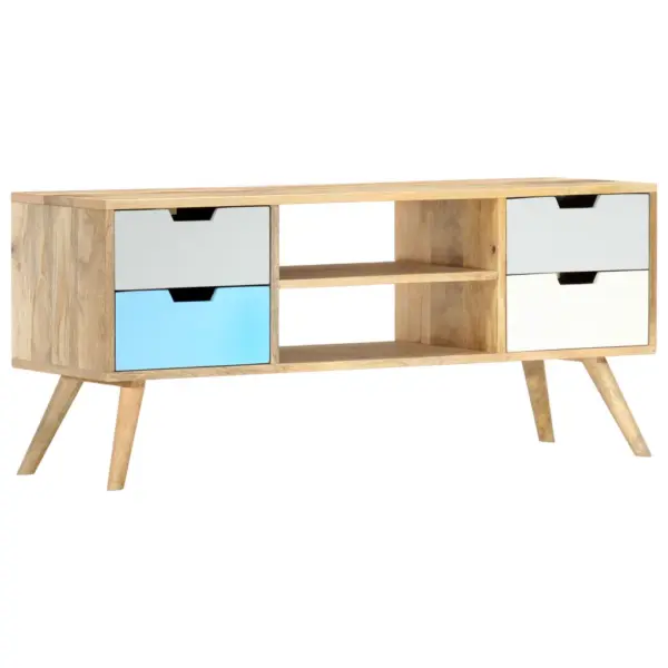Mangopuidust telerialus, pruun ja mitmevärviline, 4 sahtli ja 2 avatud sektsiooniga, 110 x 35 x 48 cm – 10