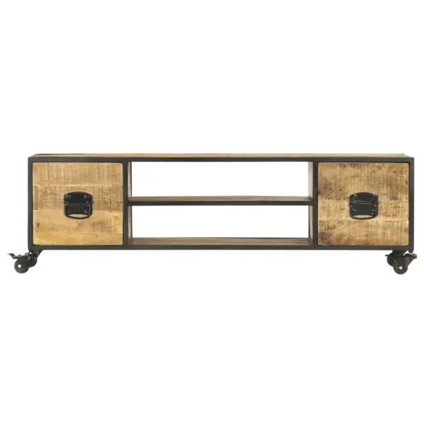 Tööstusliku stiiliga mangopuidust telerialus ratastega, 2 riiuli ja 2 sahtliga, 130 x 30 x 39 cm – 2
