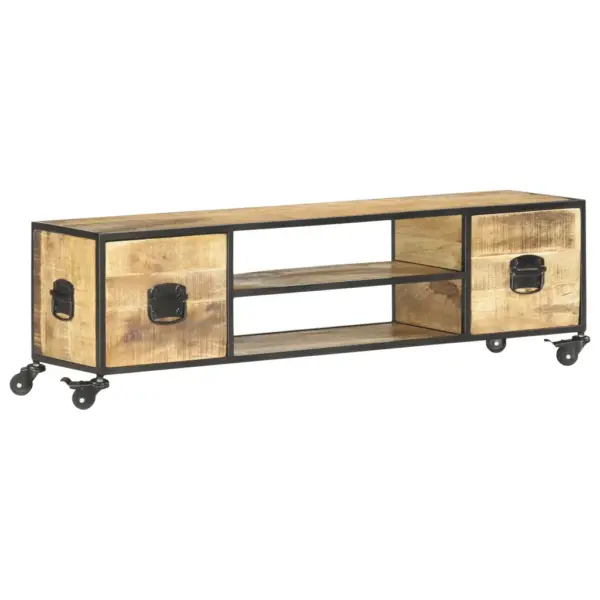 Tööstusliku stiiliga mangopuidust telerialus ratastega, 2 riiuli ja 2 sahtliga, 130 x 30 x 39 cm – 11
