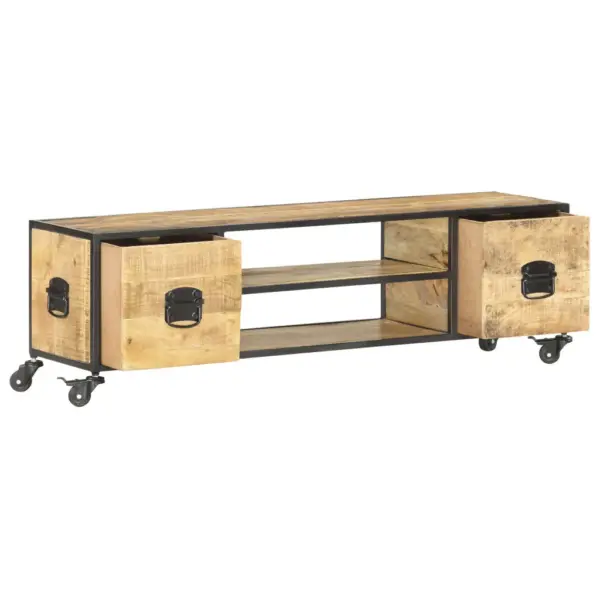 Tööstusliku stiiliga mangopuidust telerialus ratastega, 2 riiuli ja 2 sahtliga, 130 x 30 x 39 cm – 3