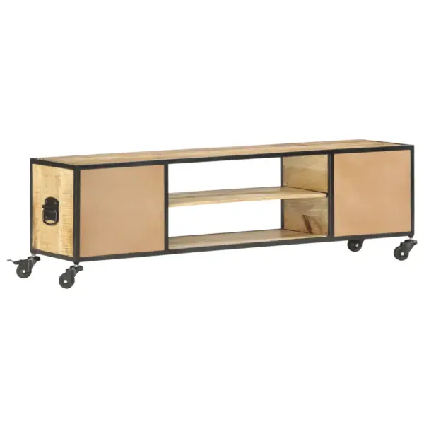 Tööstusliku stiiliga mangopuidust telerialus ratastega, 2 riiuli ja 2 sahtliga, 130 x 30 x 39 cm – 4