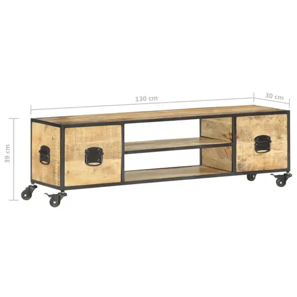 Tööstusliku stiiliga mangopuidust telerialus ratastega, 2 riiuli ja 2 sahtliga, 130 x 30 x 39 cm – 7