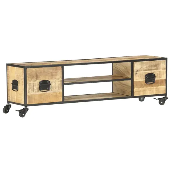 Tööstusliku stiiliga mangopuidust telerialus ratastega, 2 riiuli ja 2 sahtliga, 130 x 30 x 39 cm – 8