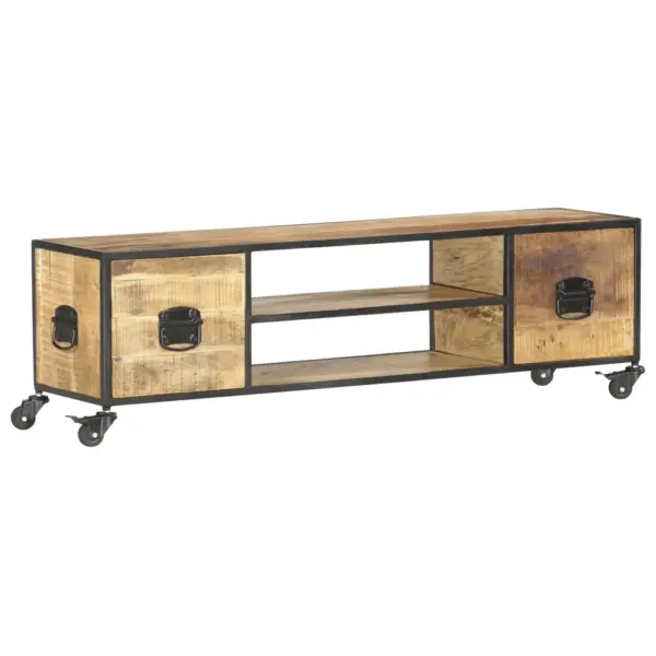 Tööstusliku stiiliga mangopuidust telerialus ratastega, 2 riiuli ja 2 sahtliga, 130 x 30 x 39 cm – 9