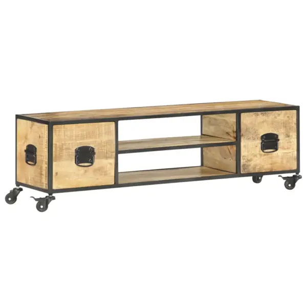 Tööstusliku stiiliga mangopuidust telerialus ratastega, 2 riiuli ja 2 sahtliga, 130 x 30 x 39 cm – 10