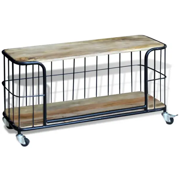 Industriaalstiilis mangopuidust telerikapp ratastega, 100 x 40 x 45 cm – 2