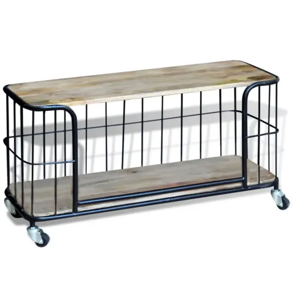 Industriaalstiilis mangopuidust telerikapp ratastega, 100 x 40 x 45 cm – 4
