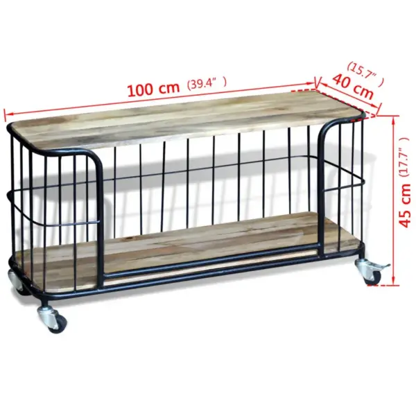 Industriaalstiilis mangopuidust telerikapp ratastega, 100 x 40 x 45 cm – 10