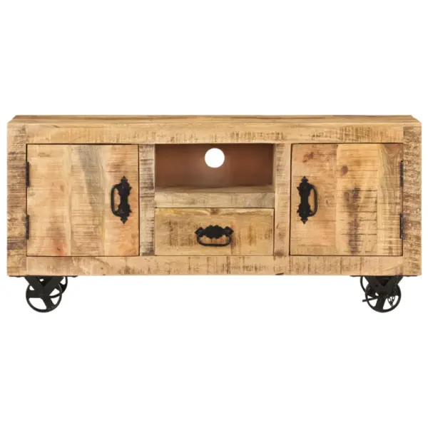 Tööstusliku stiiliga mangopuidust telerikapp ratastel, 110 x 30 x 50 cm – 2