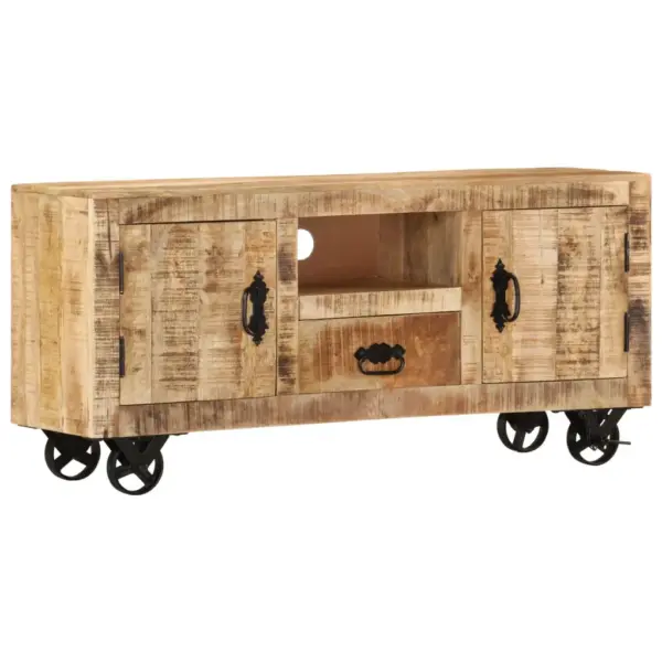 Tööstusliku stiiliga mangopuidust telerikapp ratastel, 110 x 30 x 50 cm – 11