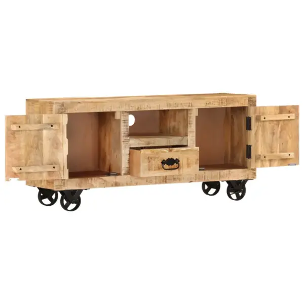 Tööstusliku stiiliga mangopuidust telerikapp ratastel, 110 x 30 x 50 cm – 3