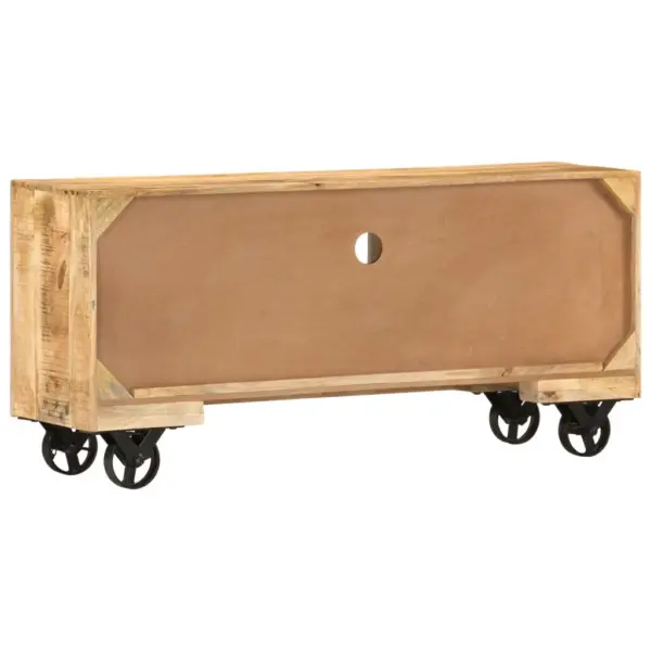 Tööstusliku stiiliga mangopuidust telerikapp ratastel, 110 x 30 x 50 cm – 4