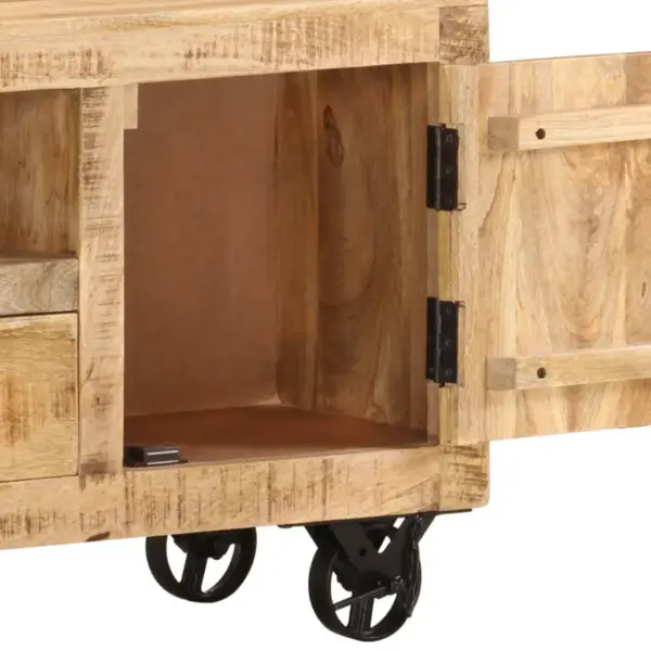 Tööstusliku stiiliga mangopuidust telerikapp ratastel, 110 x 30 x 50 cm – 5