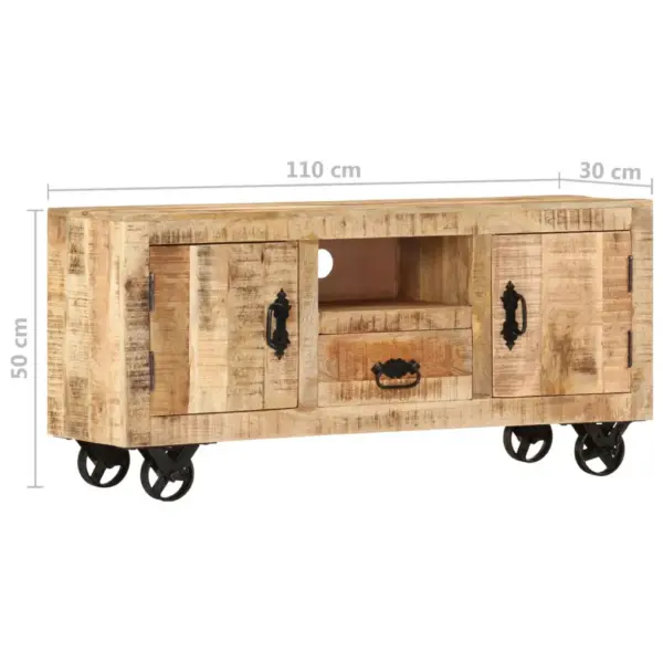 Tööstusliku stiiliga mangopuidust telerikapp ratastel, 110 x 30 x 50 cm – 7