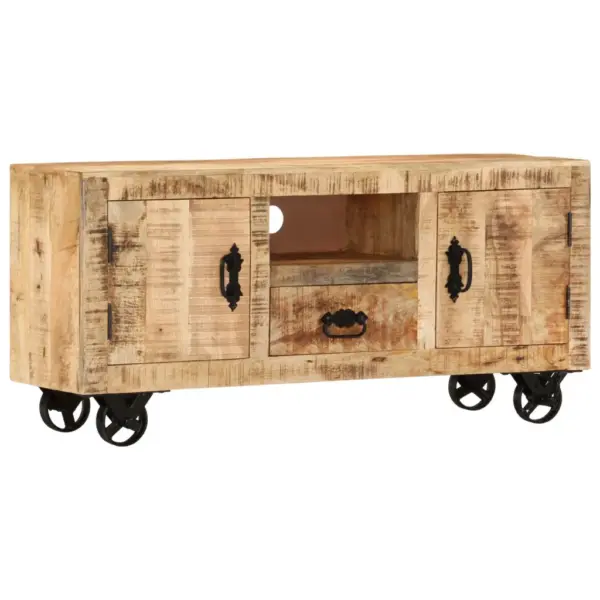 Tööstusliku stiiliga mangopuidust telerikapp ratastel, 110 x 30 x 50 cm – 8