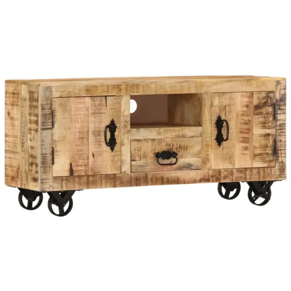 Tööstusliku stiiliga mangopuidust telerikapp ratastel, 110 x 30 x 50 cm – 9