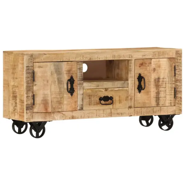 Tööstusliku stiiliga mangopuidust telerikapp ratastel, 110 x 30 x 50 cm – 10