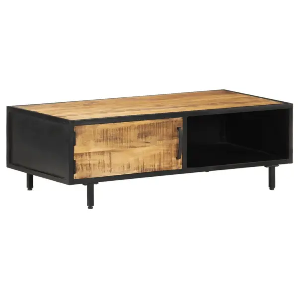 Tööstusliku disainiga kohvilaud töötlemata mangopuidust ja musta terasraamiga, 105 x 50 x 35 cm - 11