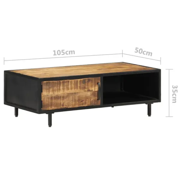 Tööstusliku disainiga kohvilaud töötlemata mangopuidust ja musta terasraamiga, 105 x 50 x 35 cm - 7