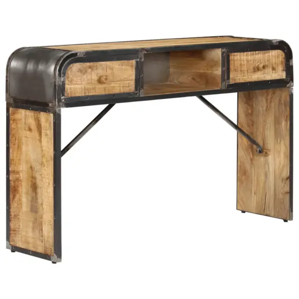 Tööstuslik mangopuidust konsoollaud 2 sahtli ja avatud riiuliga, 120 x 30 x 75 cm - 11