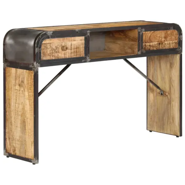 Tööstuslik mangopuidust konsoollaud 2 sahtli ja avatud riiuliga, 120 x 30 x 75 cm - 12