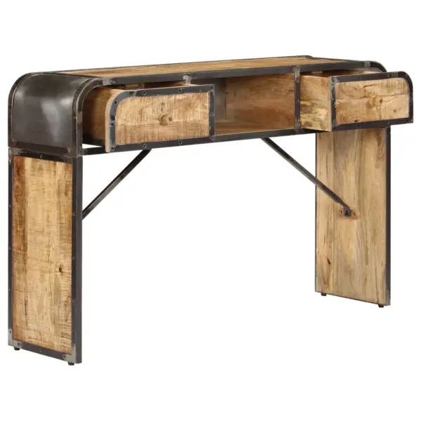 Tööstuslik mangopuidust konsoollaud 2 sahtli ja avatud riiuliga, 120 x 30 x 75 cm - 4