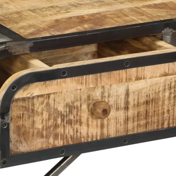 Tööstuslik mangopuidust konsoollaud 2 sahtli ja avatud riiuliga, 120 x 30 x 75 cm - 5