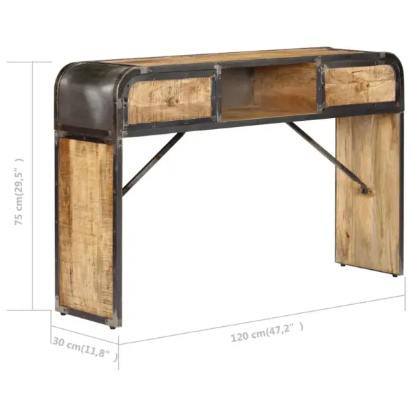 Tööstuslik mangopuidust konsoollaud 2 sahtli ja avatud riiuliga, 120 x 30 x 75 cm - 8