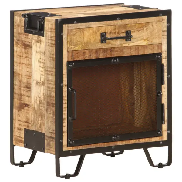 Tööstuslik mangopuidust öökapp terasukse ja sahtliga, pruun-must, 43 x 30 x 51 cm – 11