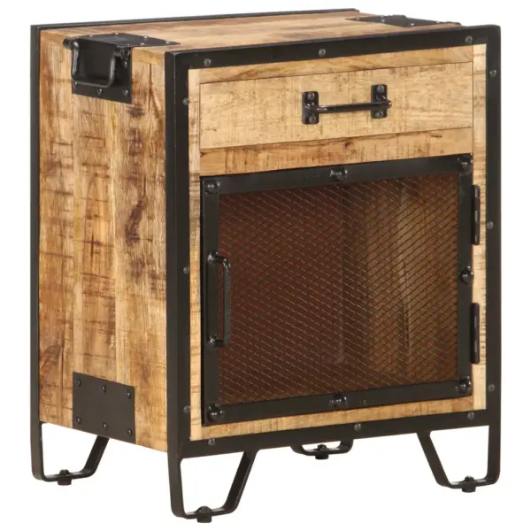 Tööstuslik mangopuidust öökapp terasukse ja sahtliga, pruun-must, 43 x 30 x 51 cm – 12