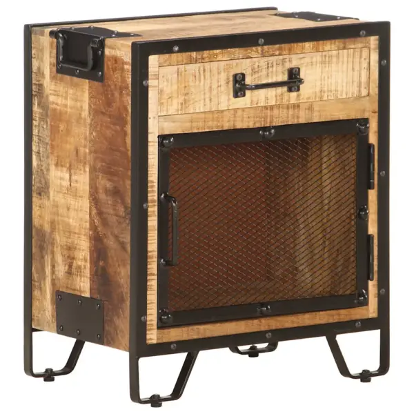 Tööstuslik mangopuidust öökapp terasukse ja sahtliga, pruun-must, 43 x 30 x 51 cm – 13