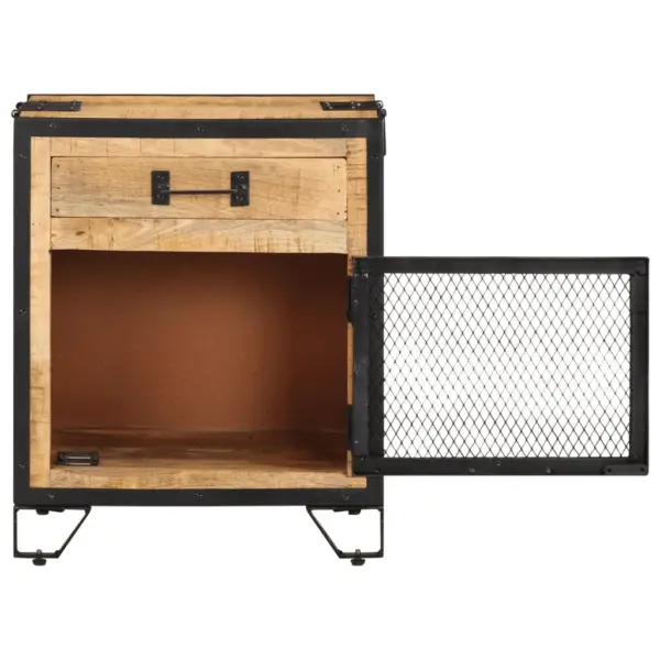 Tööstuslik mangopuidust öökapp terasukse ja sahtliga, pruun-must, 43 x 30 x 51 cm – 4
