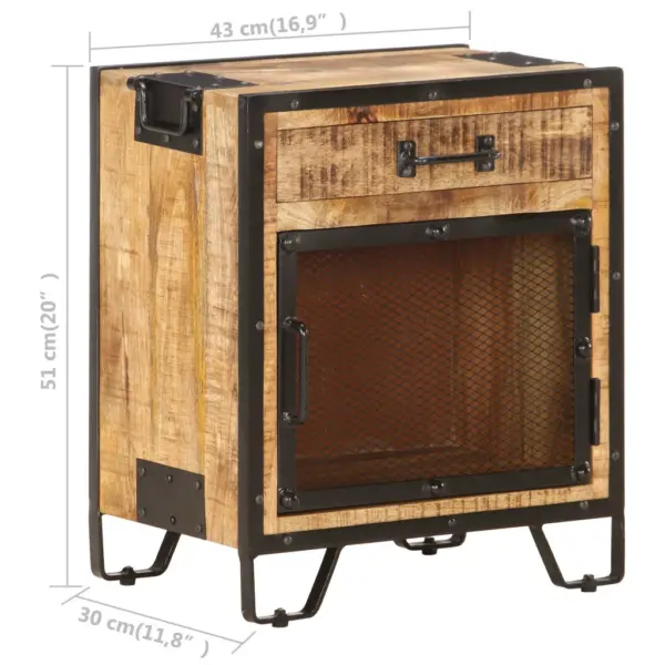 Tööstuslik mangopuidust öökapp terasukse ja sahtliga, pruun-must, 43 x 30 x 51 cm – 10