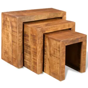 Mangopuidust üksteise alla mahtuvate laudade komplekt, 3 tk, pruun, suurim laud 44 x 23 x 37 cm